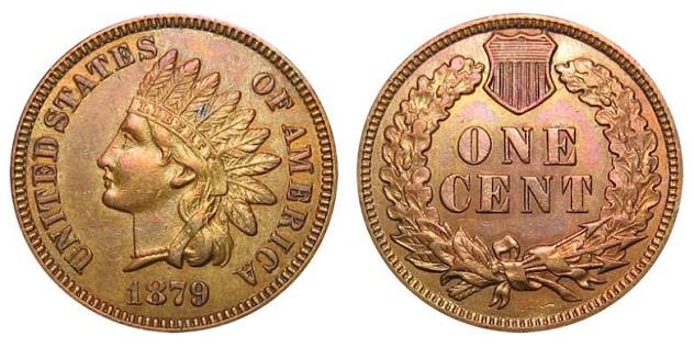 1879 Indian Head penny obverse and reverse showing Liberty portrait and bronze surfaces