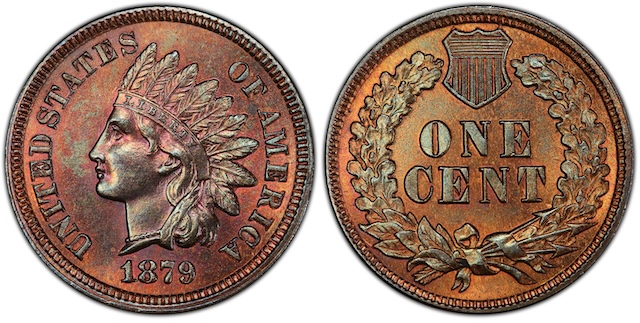 1879 Indian Head penny comparison: Brown (BN) example left vs full Red (RD) gem example right