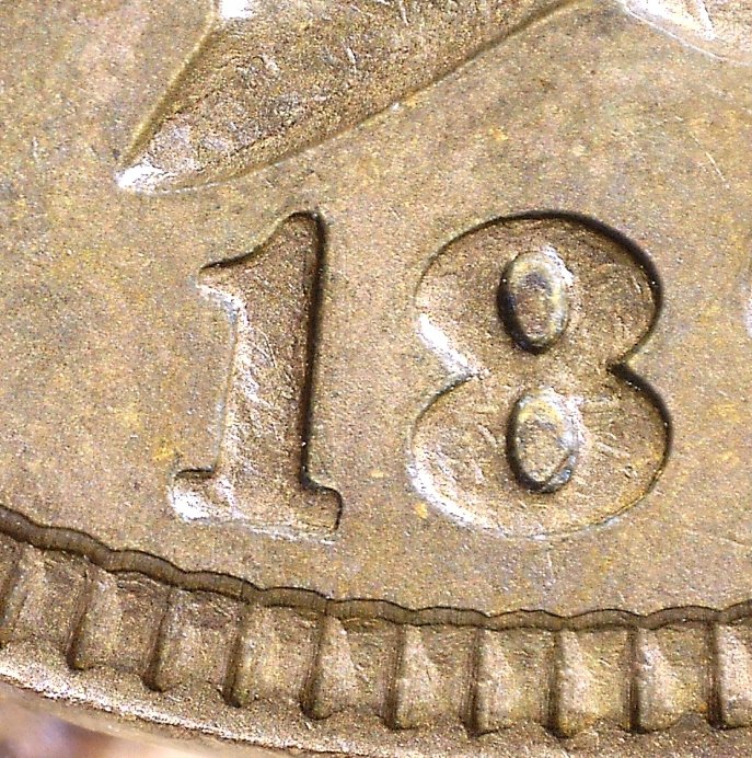 1879 Indian Head penny RPD Snow-1 repunched date close-up showing secondary digit impression