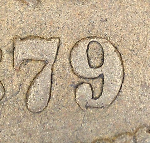 1879 Indian Head penny RPD Snow-2 repunched date showing secondary digit impression on 7 or 9