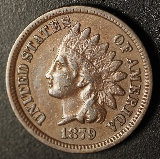 1879 Indian Head penny Doubled Die Obverse showing hub doubling on Liberty inscription and feather area