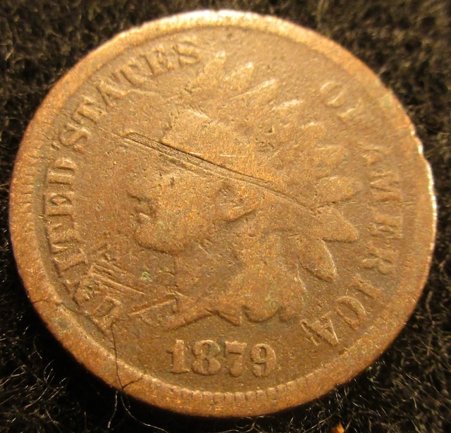 1879 Indian Head penny late die state showing die crack lines and strike deterioration on Liberty portrait