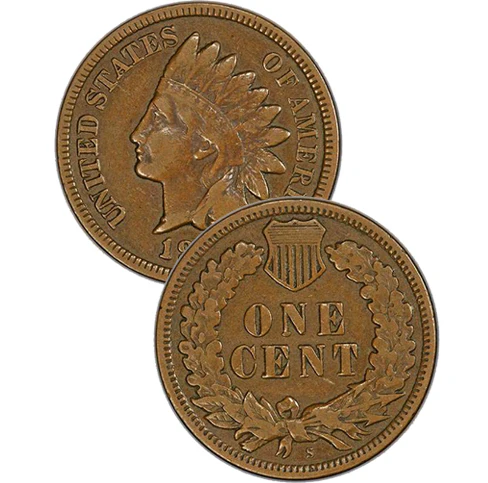 Philadelphia Mint historical view or group of 1879 Indian Head pennies showing various grade examples