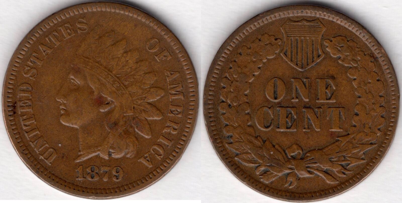 1879 Indian Head penny grading strip showing four condition tiers from worn Good to Uncirculated Mint State